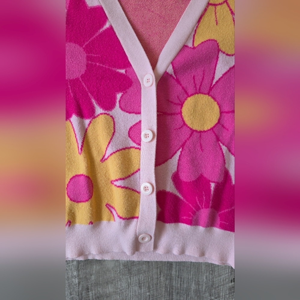 Floral Pink and Yellow Cardigan - Picture 3 of 7
